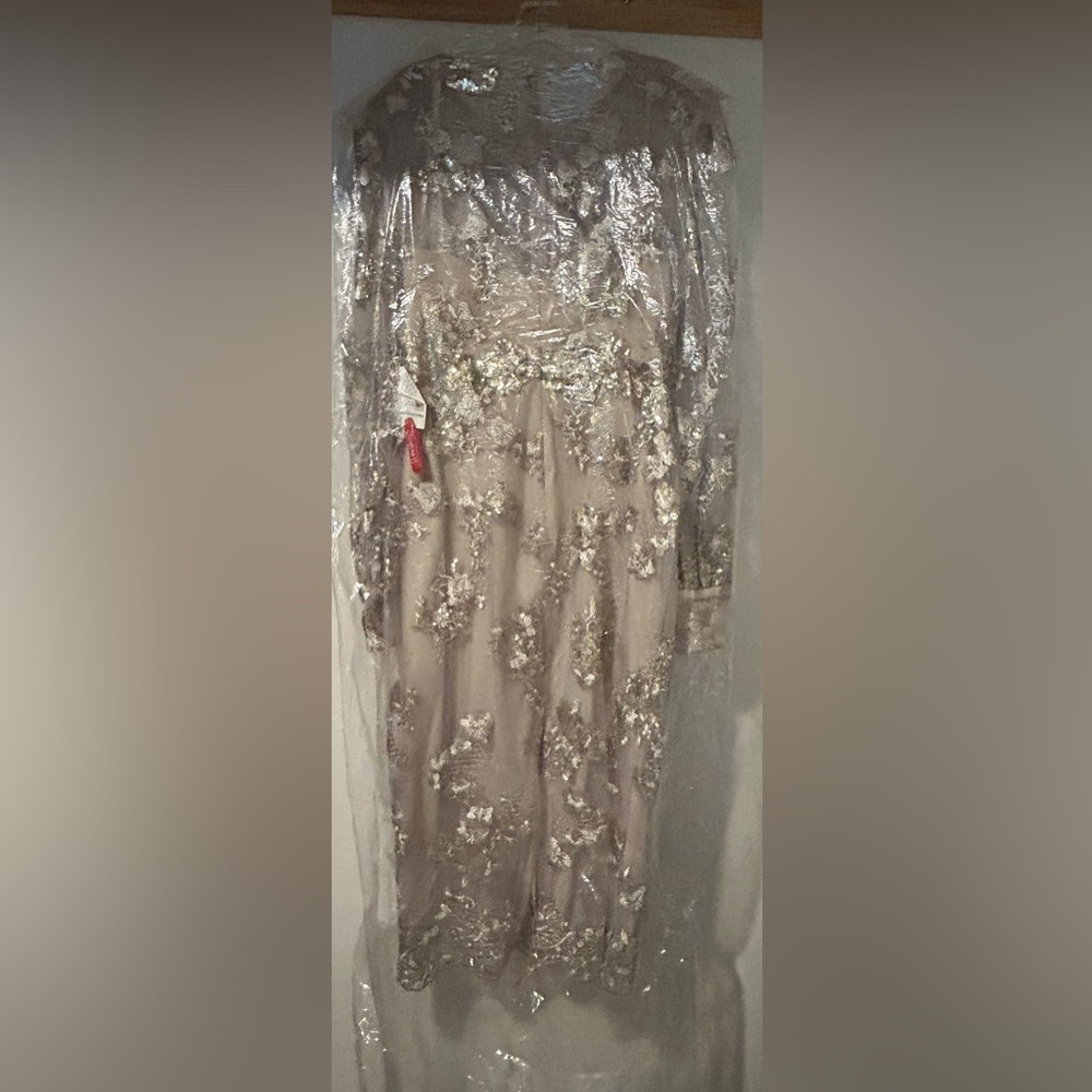 NWT Mac Duggal Beige Embellished High Neck Illusion Long Sleeve Midi Dress - Picture 6 of 6
